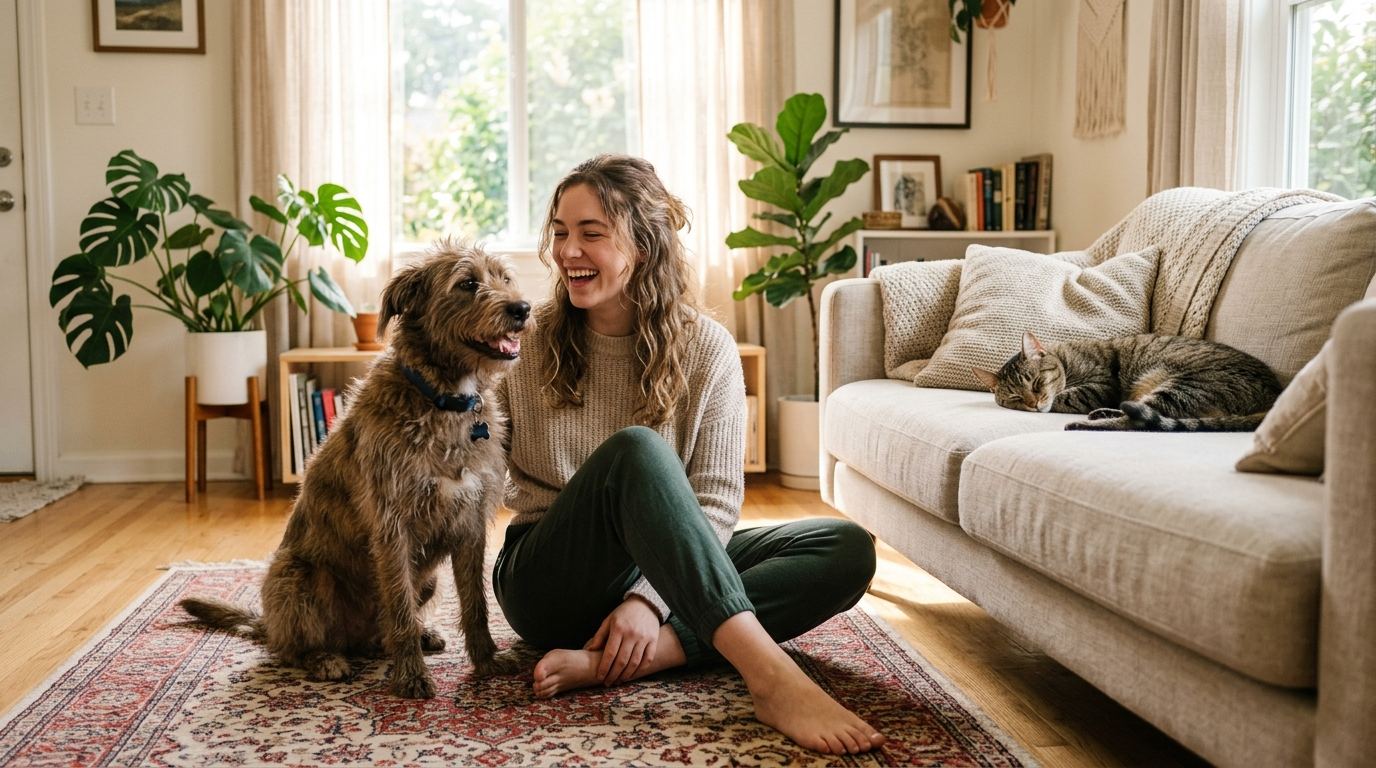 A smiling woman sits on a rug with a shaggy mixed-breed dog; a tabby cat sleeps on the sofa
