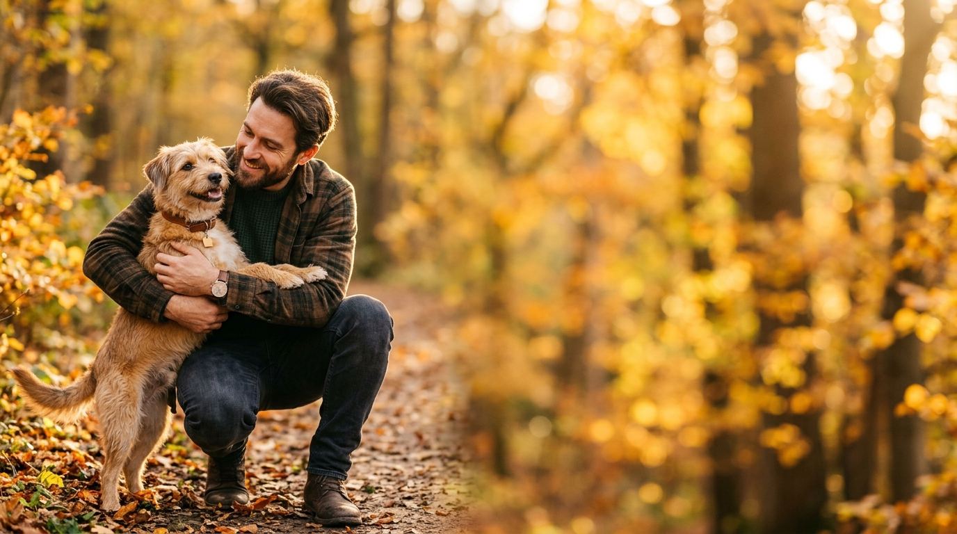 A man hugs a mixed-breed dog in an autumn park